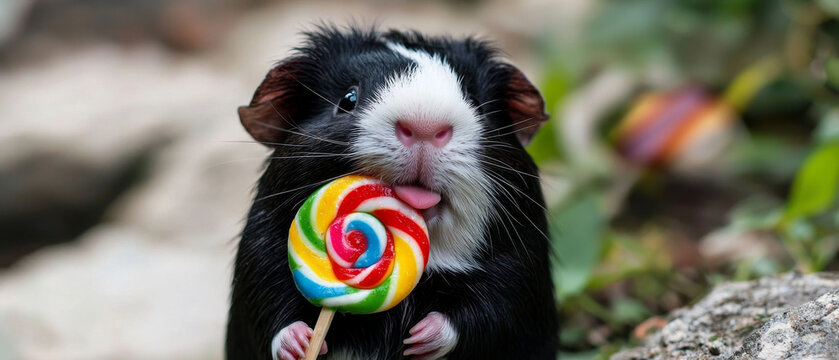 Guinea pig enjoys a colorful swirl lollipop