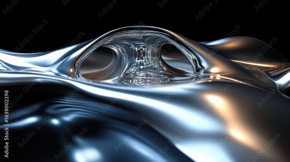 Poster close-up of metallic liquid surface with smooth waves and arch-like transparent structure reflecting