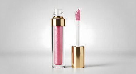 An open tube of pink lip gloss with a golden cap and applicator wand, isolated on a light gray background. A concept of beauty and cosmetic products.