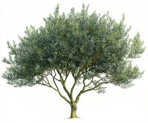 Obraz premium A large, lush olive tree with dense silvery-green foliage and a sturdy, branching trunk against a plain white background