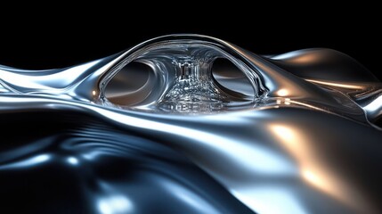 Close-up of metallic liquid surface with smooth waves and arch-like transparent structure reflecting light against dark background, showing fluid and futuristic texture