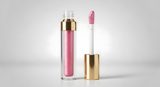 An open tube of pink lip gloss with a golden cap and applicator wand, isolated on a light gray background. A concept of beauty and cosmetic products.