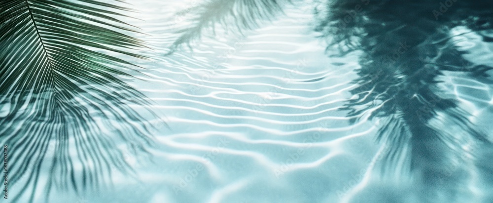 Poster calm water surface with ripples reflecting shadows of palm leaves creating a tranquil and peaceful t