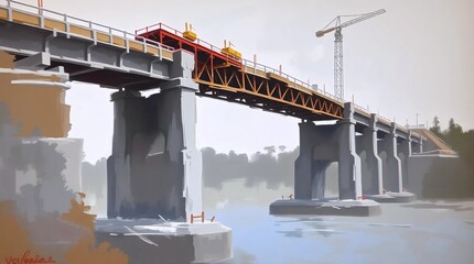Train Crossing a Tall Railway Bridge
