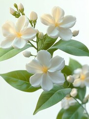 Obraz premium Close-up of delicate white flowers with soft petals and green leaves on slender stems with flower buds against a light background, evoking calmness and purity
