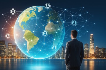 Businessman looking at digital Earth with connected people icons on city skyline background, symbolizing global communication and networking.