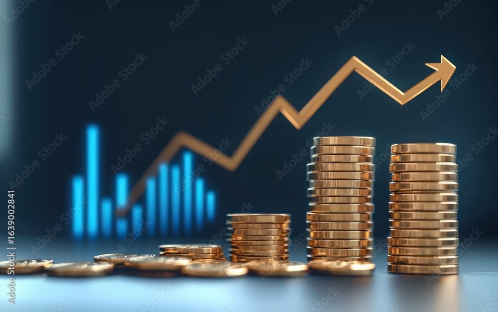 Poster stacks of gold coins increasing in height with a rising arrow and blue bar graph background symboliz