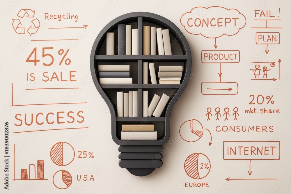 Poster lightbulb-shaped bookshelf filled with books on abstract business concept background with diagrams, 
