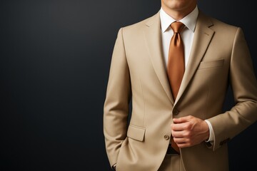 Professional businessman in beige suit with brown tie adjusting jacket against dark background, embodying success and leadership concept.