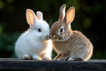 Fototapeta premium Two baby rabbits sitting close together on a wooden surface with a dark blurred background, one white and one brown, showing gentle and calm companionship
