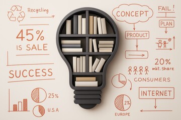 Lightbulb-shaped bookshelf filled with books on abstract business concept background with diagrams, charts, and success strategy graphics.