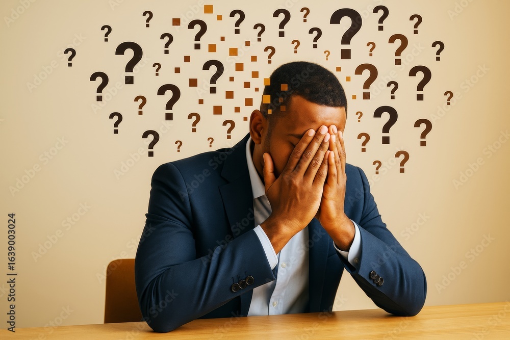 Poster stressed businessman covering face with hands surrounded by floating question marks on light backgro
