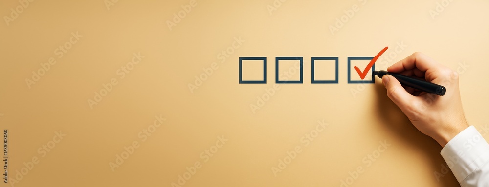 Aufkleber checklist with hand marking checkbox on light brown background for business concept with clean layou