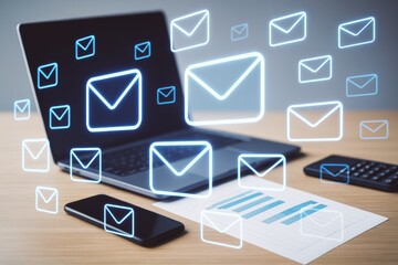 Glowing digital email icons floating over laptop, smartphone, and business chart on wooden desk in modern creative office background.