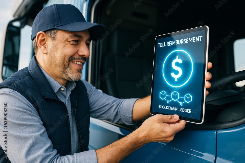 Poster smiling truck driver holding tablet displaying toll reimbursement with blockchain ledger concept ico
