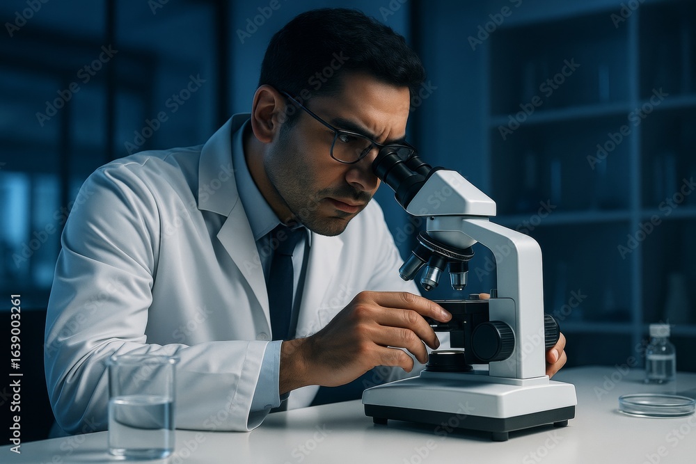 Poster focused scientist examining slide under microscope in laboratory setting with dim blue light backgro