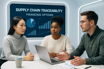 Business team discusses supply chain traceability and financing options during a meeting in a modern office with digital screen background. Ai generative