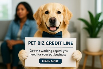 Golden retriever in bow tie holding business credit sign for pet companies with woman blurred in background, indoor light setting, concept image. Ai generative