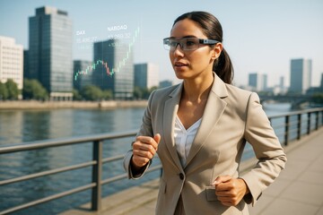 Businesswoman in smart glasses jogging near modern city riverfront with digital financial data display overlayed in light business background scene. Ai generative