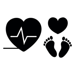 Heartbeat, Heart, and Footprints Medical Symbol for New Life and Parenthood in Black and White
