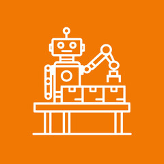 Flat Line Icon – Robot Working on Box Shipping Assembly Line