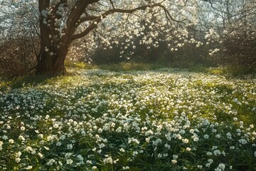 Obraz premium Sunlit forest clearing filled with blooming white wildflowers and a large tree covered in white blossoms creating a peaceful and serene atmosphere