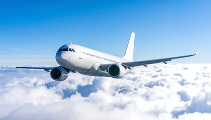 Obraz premium White passenger jet flying above a fluffy cloud layer under a clear blue sky