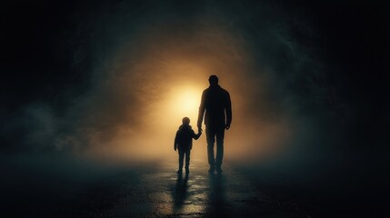 Silhouettes of an adult and child holding hands walking towards a bright warm light surrounded by mist and darkness, evoking feelings of guidance and connection