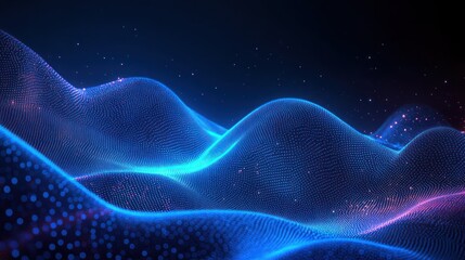 Fototapeta premium Abstract undulating waves composed of glowing blue and purple digital particles against a dark background evoking futuristic, technological energy and motion