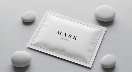 Minimalist cosmetic face mask sachet for a daily skincare routine. A concept of purity, self-care, and wellness on a clean background.