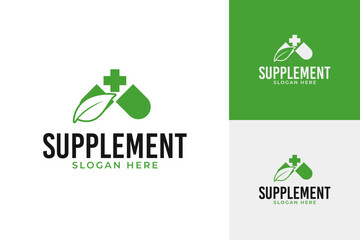 Natural supplement with leaf for vitamin logo design template vector illustration