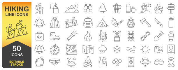Hiking And Camping Line Icon Set With 50 Editable Stroke Designs. Thin Line Line Icons. Includes Outdoor Gear, Nature Symbols, And Adventure Essentials For Versatile Use. Isolated Vector image.