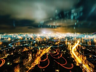 A city at night with light trails