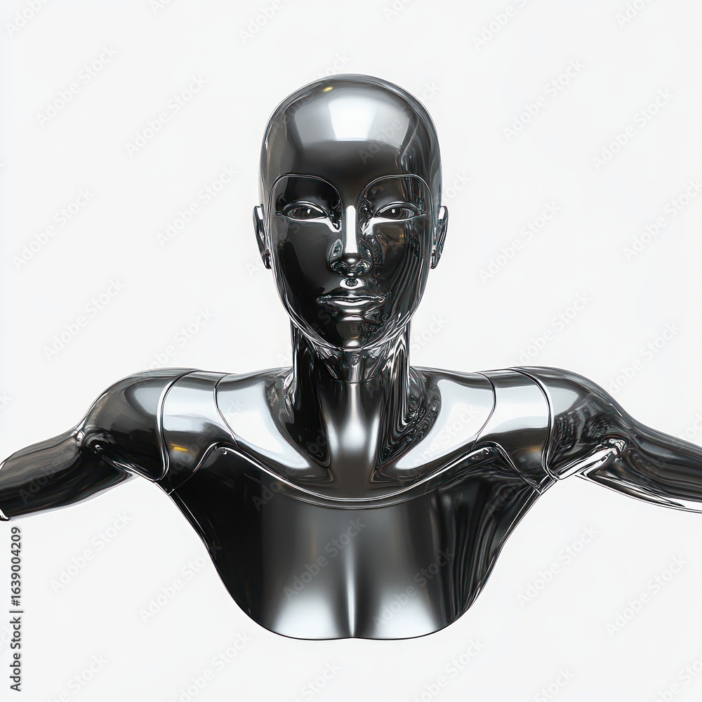 Poster shiny metallic futuristic humanoid robot torso with smooth reflective surfaces and neutral expressio