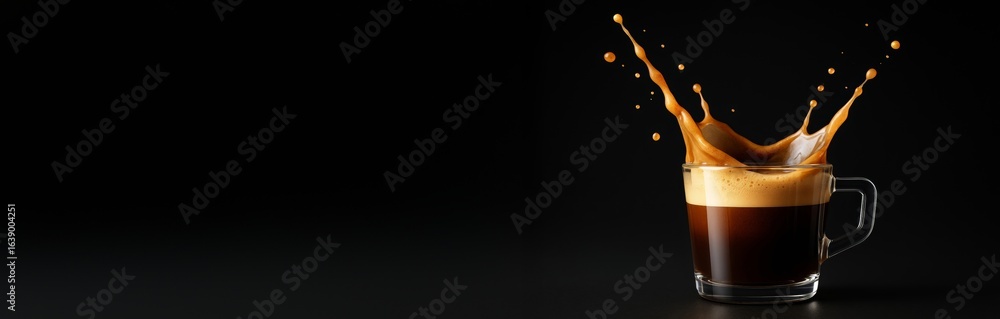 Poster splashing espresso in glass cup with frothy crema on dark background and empty copyspace for banner 