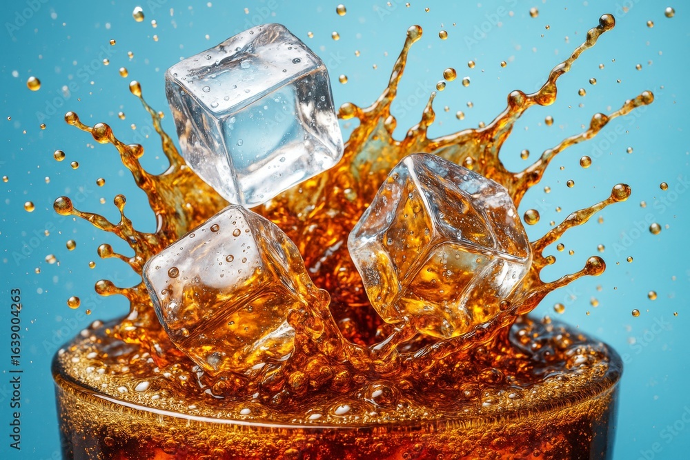 Aufkleber splashing soda with floating ice cubes in mid-air against a bright background, capturing a refreshin