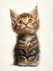 Obraz premium adorable fluffy kitten with big expressive eyes looking upwards on a light neutral background