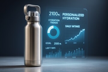 Smart stainless steel water bottle with digital hydration tracking data chart on futuristic interface background, promoting personalized hydration goals. Ai generative