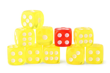 Towers made of game dices on white background