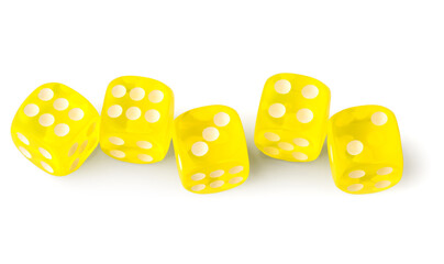 Row of yellow game dices on white background