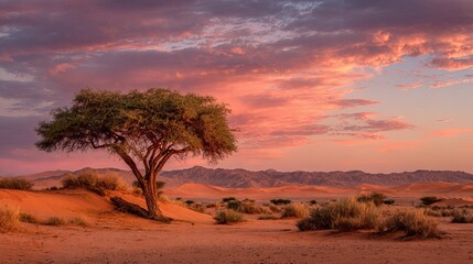 Obraz premium A lone tree stands silhouetted against a vibrant sunset in the desert