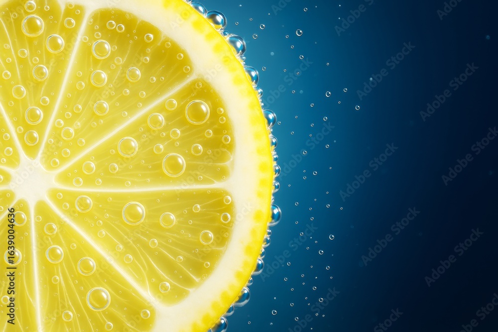 Aufkleber close-up of lemon slice with bubbles in water on blue background showing freshness and citrus textur