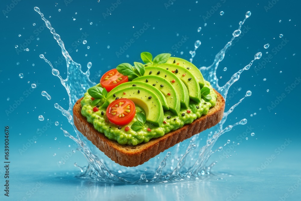 Poster fresh avocado toast with tomatoes and basil splashing in water on blue background in vibrant colorfu