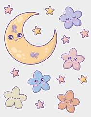 Cute Kawaii Moon and Stars with Smiling Faces