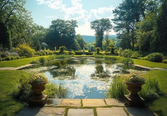 Fototapeta premium Peaceful garden with a reflective pond surrounded by lush greenery, potted plants on stone pedestals, and distant trees under a partly cloudy sky