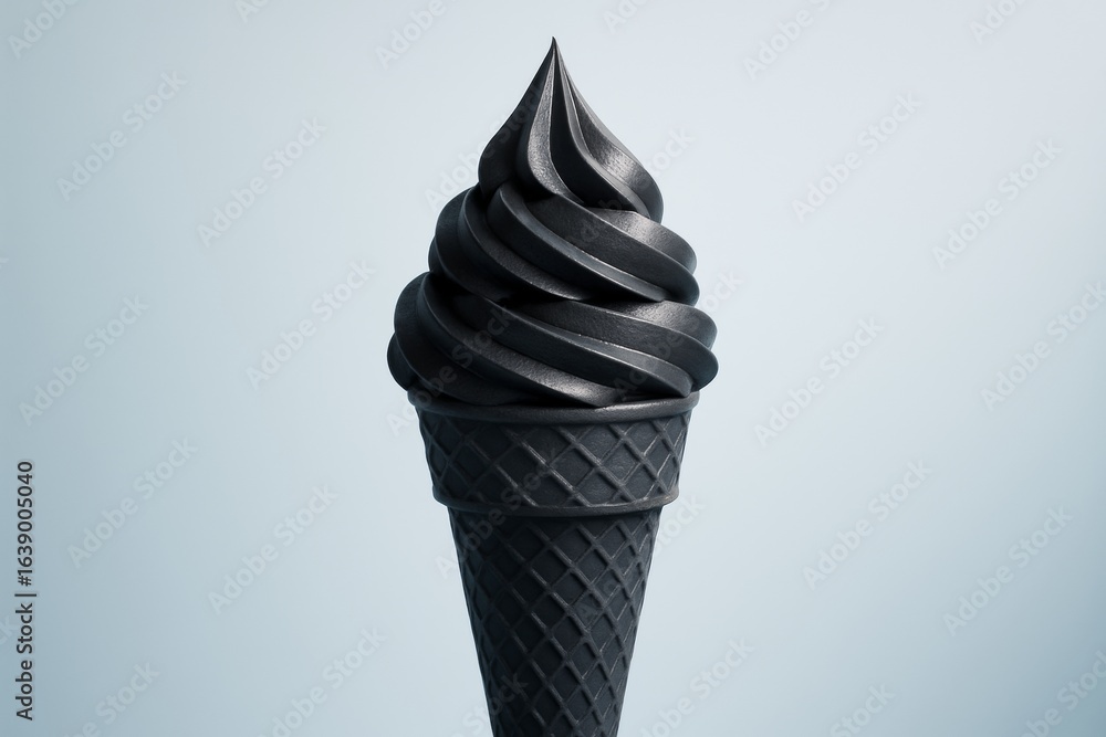 Poster black soft serve ice cream in waffle cone with smooth swirl pattern and monochrome tone on light blu