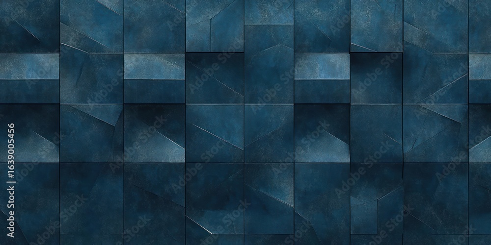 Poster abstract geometric pattern made of dark blue and teal rectangular and square shapes with textured su