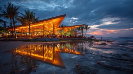 A restaurant on the beach with a reflection of the water