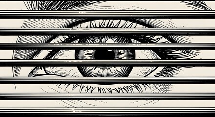 A pair of intense eyes looking through horizontal blinds. Concept of surveillance, mystery, fear, and being watched. Hand-drawn sketch style.