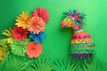 Obraz premium Colorful paper flowers and a vibrant handmade paper horse figure on a green background creating a cheerful and artistic display